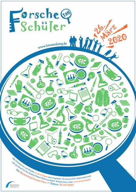 Poster des Plakates für Forsche Schüler 2020, Lupe mit Symbolen darin