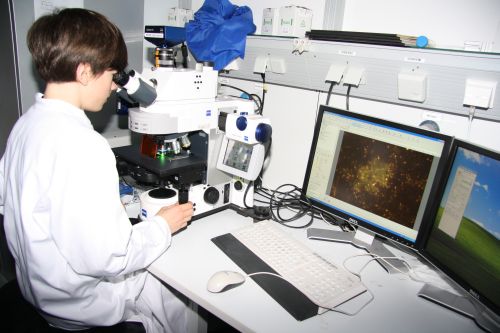 Junge sieht durch Mikroskop vor Computerbildschirmen 